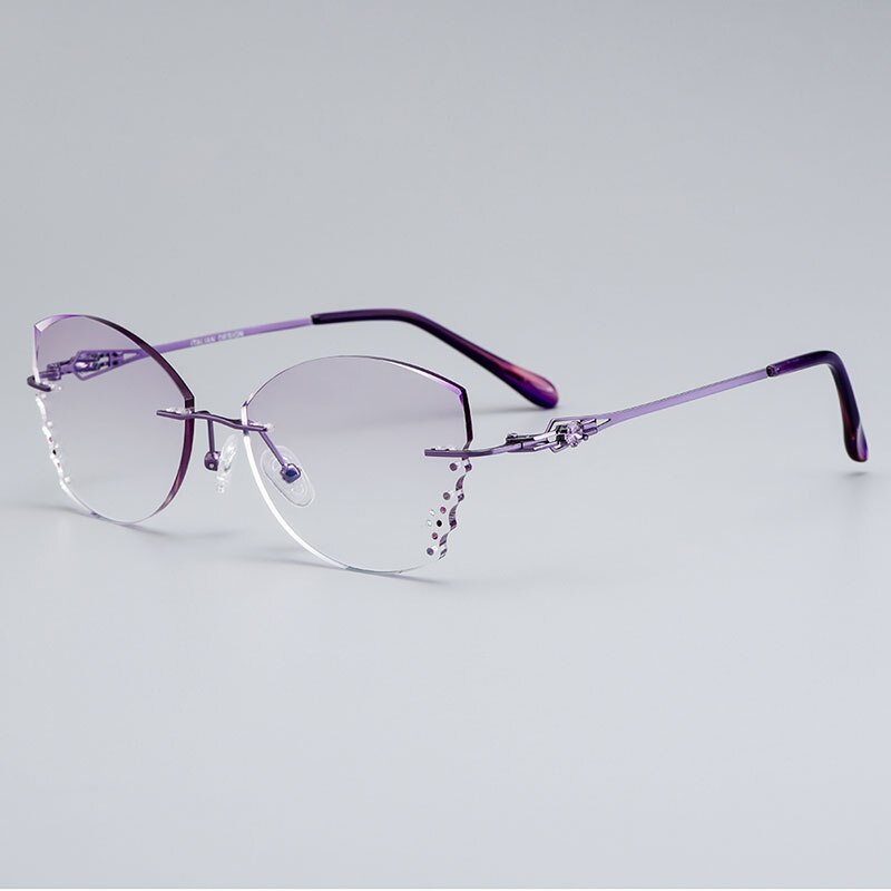 Gmei Optical Stylish Alloy Women Rimless Glasses Frame With Diamond Trimming Cut Gradient Purple Tinted Plano Lenses Z2870