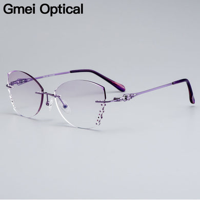 Gmei Optical Stylish Alloy Women Rimless Glasses Frame With Diamond Trimming Cut Gradient Purple Tinted Plano Lenses Z2870