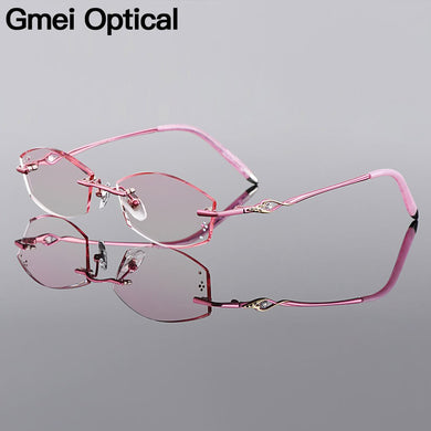 Gmei Optical Stylish Titanium Alloy Diamond Trimming Women Rimless Glasses Frame Gradient Pink Tinted Plano Lenses Q680