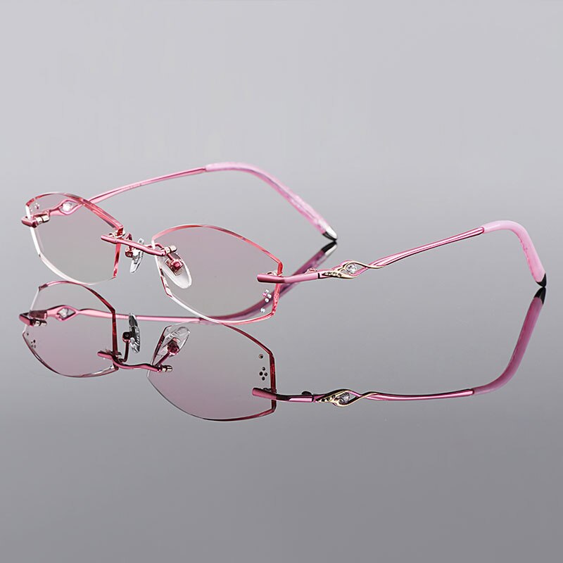 Gmei Optical Stylish Titanium Alloy Diamond Trimming Women Rimless Glasses Frame Gradient Pink Tinted Plano Lenses Q680