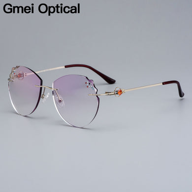 Gmei Optical Super Light Alloy Women Silver Rimless Glasses Frame Z2879 With Diamond Trimming Cut Gradient Tinted Plano Lenses