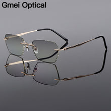 Load image into Gallery viewer, Gmei Optical Trendy Golden Titanium Alloy Men Rimless Glasses Frame With Gradient Grey Tint Plano Lenses And Black Border Q90250