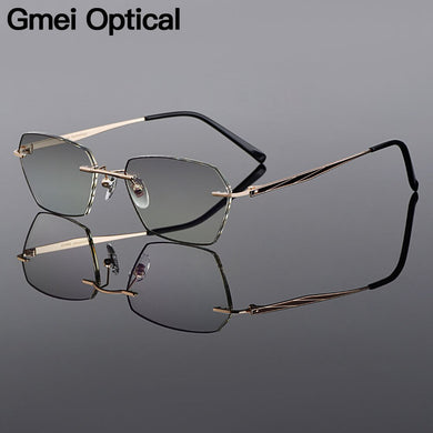 Gmei Optical Trendy Golden Titanium Alloy Men Rimless Glasses Frame With Gradient Grey Tint Plano Lenses And Black Border Q90250