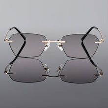 Load image into Gallery viewer, Gmei Optical Trendy Golden Titanium Alloy Men Rimless Glasses Frame With Gradient Grey Tint Plano Lenses And Black Border Q90250