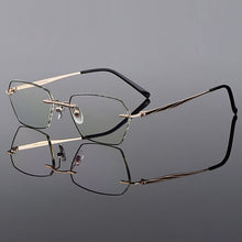 Load image into Gallery viewer, Gmei Optical Trendy Golden Titanium Alloy Men Rimless Glasses Frame With Gradient Grey Tint Plano Lenses And Black Border Q90250