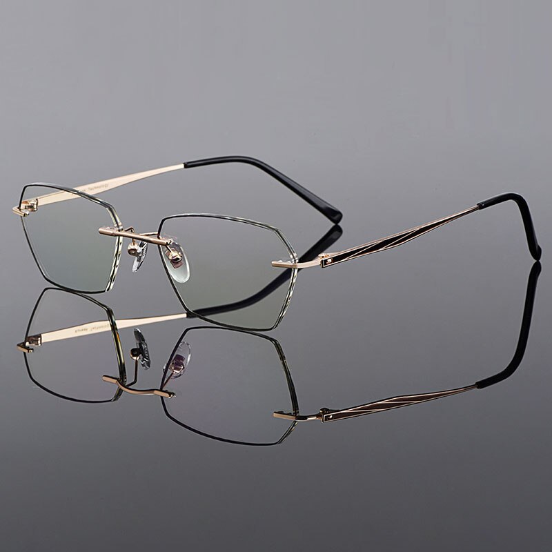Gmei Optical Trendy Golden Titanium Alloy Men Rimless Glasses Frame With Gradient Grey Tint Plano Lenses And Black Border Q90250