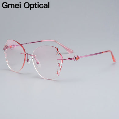 Gmei Optical Z2878 Ultra-light Alloy Women Pink Rimless Glasses Frame With Diamond Trimming Cut Gradient Tinted Plano Lenses