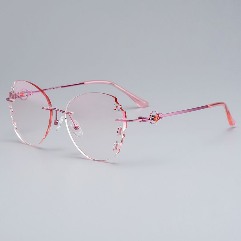 Gmei Optical Z2878 Ultra-light Alloy Women Pink Rimless Glasses Frame With Diamond Trimming Cut Gradient Tinted Plano Lenses
