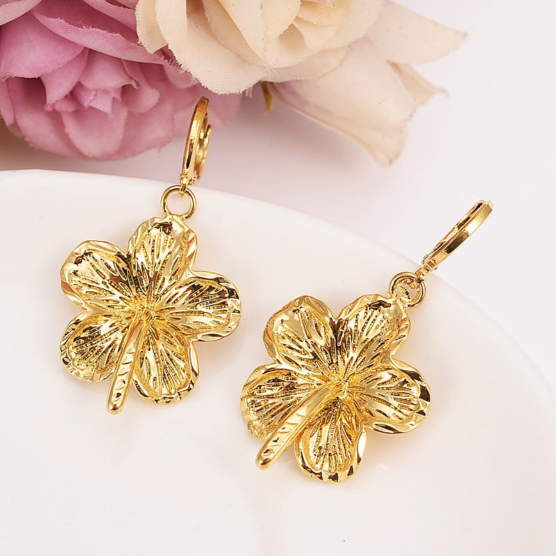 Gold Althea hibiscus flower Dangle Earrings Women Fashion Jewelry Gold Metal Drop Earrings For girls kids Gifts wedding bridal
