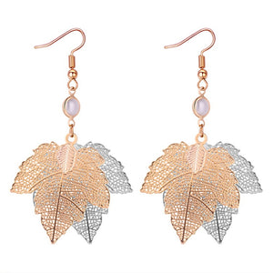 Gold & Black Hollow Out Maple Leaf Women Dangle Earrings Triple Leaves Long Drop Earring Jewelry With Rhinestone