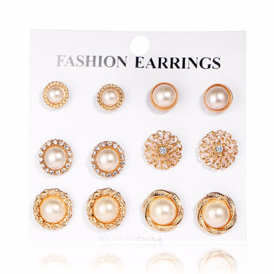 Gold Color Flower Hollow Stud Earring Vintage Crystal Simulated Pearl Earrings Set For Women Wedding Jewelry 6 Pairs/Set #242465