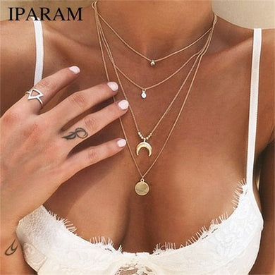 Gold Color Long Tassel Moon Necklaces & Pendants For Women Multi Layer Sequins Choker Necklace Velvet Lace Chain Star Chokers