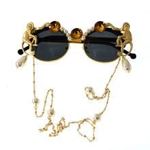 Carica l'immagine nel visualizzatore di Gallery, Gold Monkey Baroque Sunglasses Women Brand Retro Leopard Beach Metal Chain Pearl Cat Eye Ladies Sun Glasses Lunette Soleil Femme