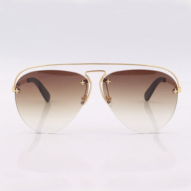 Gold metal frame pilot sunglasses women brown gradient over size double bar