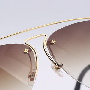 Gold metal frame pilot sunglasses women brown gradient over size double bar