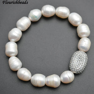 Good Quality Natural Fresh Water White Pearl Potato Beads Paved CZ Beads Metal Charm Bracelet Eleant Fashion Woman Party Jewelry