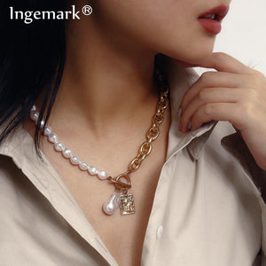 Gothic Baroque Pearl Angel Pendant Choker Necklace for Women Wedding Punk Lasso Big Chunky Thick Lock Chain Necklace Jewelry