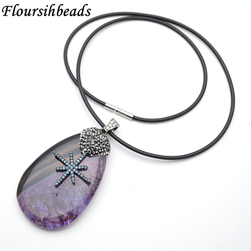Gun Metal Star Charm Purple Quartz Agate Slab Pendant Rubber Chain Necklace Fashion Woman Jewelry