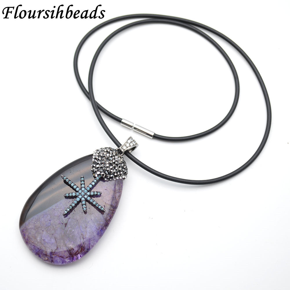 Gun Metal Star Charm Purple Quartz Agate Slab Pendant Rubber Chain Necklace Fashion Woman Jewelry