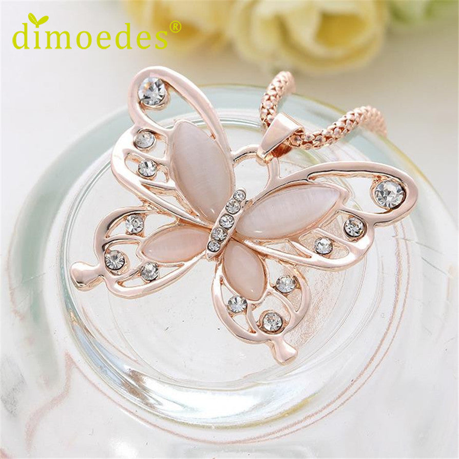 Gussy Life wholesale Fashion Womens Lady Rose Gold Opal Butterfly Pendant Necklace Sweater Chain Hot Feb9