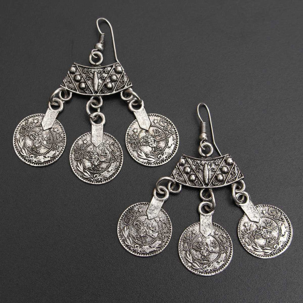 Gypsy Bohemian Style Silver Coin Boho Tibetan Tribal Dangle Hook Earrings Stud