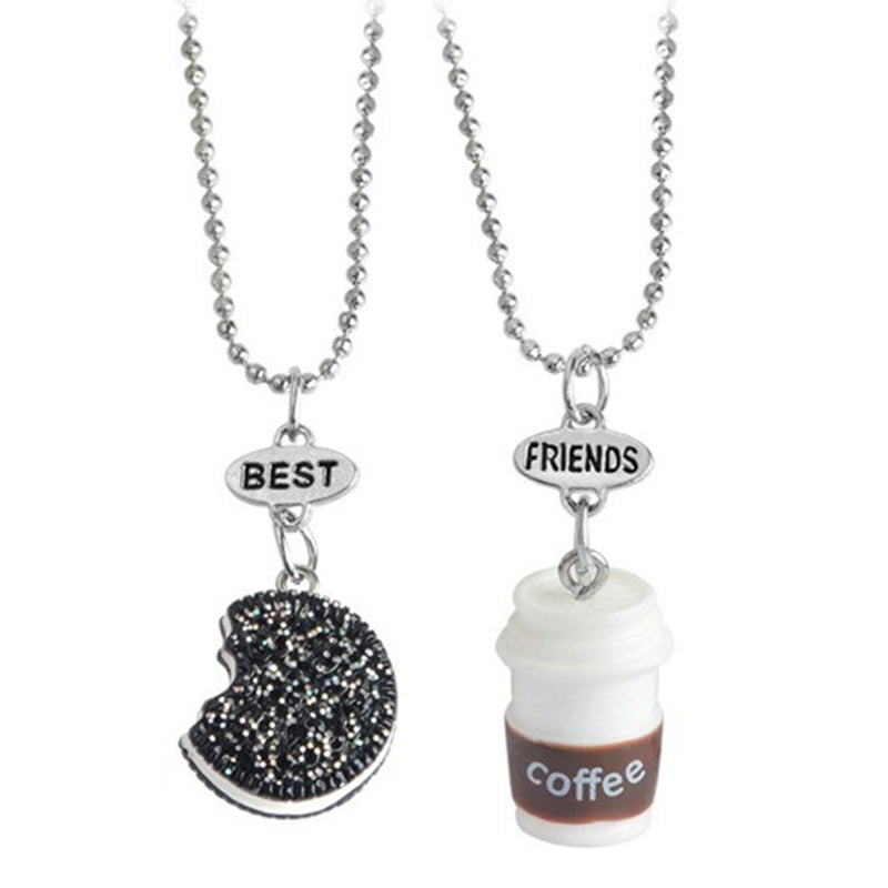 H:HYDE 2 Pcs/Set Pendant Necklace Unique Design Coffee Cup Cookie Shape Pendant Necklaces For Children Girls BEST FRIENDS Gift