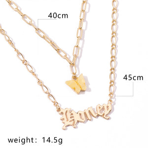 Moda farfalla acrilica Old English Font pendenti Collana doppio strato acido acetico Collana per bambina Girocollo Gioielli di dichiarazione 
