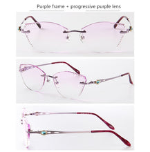 Load image into Gallery viewer, β Titanium Myopia Sunglasses Ladies Rimless Diamond Butterfly Frame Flat Lens Progressive With Prescription Diopter Astigmatism