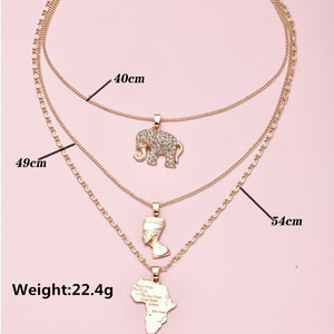 3 Pcs/Set Vintage Crystal Elephant Pyramid Ancient Egyptian Pharaoh Map Pendant Multilayer Gold Necklace Punk Lady Jewelry Gifts