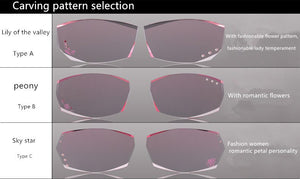 LOUISE STAR Titanium Fashion Anti-Blue Light Diamond Frameless Flat mirror Trend Carved Lens Elegant Female Prescription Glasses