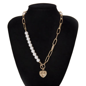 Punk Imitation Pearl Choker Necklace Collar Statement Gold Color Love Heart Lasso Pendant Necklace for Women Jewelry