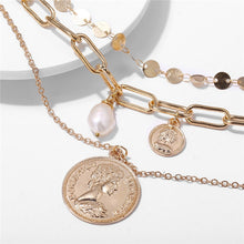Load image into Gallery viewer, Vintage Gold Portrait Coin Pearl Pendant Necklaces For Women Bohemia Fashion Muklltilayer Pearl Long Necklace 2020 Jewelry