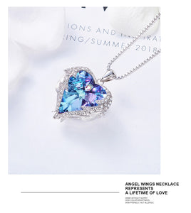 Women Silver Color Necklace Embellished with Crystals from Swarovski Necklace Angel Wings Heart Pendant Valentines Gift
