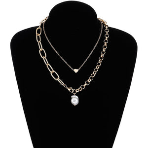 Fashion 2 Layers Pearls Geometric Pendants Necklaces For Women Gold Metal Snake Chain Necklace New Design Jewelry Gift