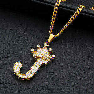 Crystal Zircon Alphabet Pendant Necklaces For Women Men Crown Initial Letter Necklace Hip Hop Gold Chain Jewelry Collier Bijoux