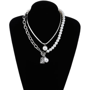 Fashion 2 Layers Pearls Geometric Pendants Necklaces For Women Gold Metal Snake Chain Necklace New Design Jewelry Gift