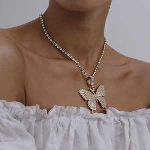 Long Tennis Chain Butterfly Necklace for Women Fashion Crystal Big Hip Hop Animal Pendant Necklace Statement Wedding Jewelry