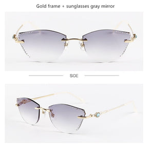β Titanium Myopia Sunglasses Ladies Rimless Diamond Butterfly Frame Flat Lens Progressive With Prescription Diopter Astigmatism