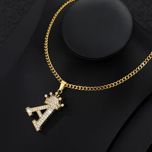 Crystal Zircon Alphabet Pendant Necklaces For Women Men Crown Initial Letter Necklace Hip Hop Gold Chain Jewelry Collier Bijoux