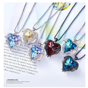 Women Silver Color Necklace Embellished with Crystals from Swarovski Necklace Angel Wings Heart Pendant Valentines Gift