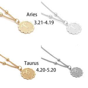 Constellation Carve Coin Pendant Necklace Simple Copper Leo Beads Clavicle Chain Necklace Sexy Couple Jewelry