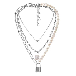 Fashion 2 Layers Pearls Geometric Pendants Necklaces For Women Gold Metal Snake Chain Necklace New Design Jewelry Gift
