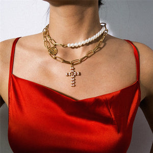Punk Multi Layered Pearl Choker Necklace Collar Statement Virgin Mary Coin Crystal Pendant Necklace Women Jewelry