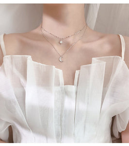 Fashion Silver Plated  Moon and Star Double Layer Chain Link Pendant Necklaces for Women Fine Jewelry