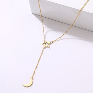 CACANA Long Pendant Moon And Hollow Star Necklaces Pendants For Women  Simple Design Necklace Stylish Stainless Steel Jewelry