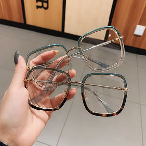 Green Clear Print Square Anti-blue Light Eyeglasses For Women Alloy Leopard Oversize Computer Myopia Glasses Frame Female Shades