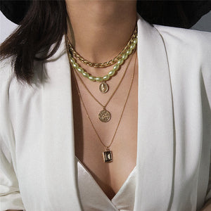 Punk Multi Layered Pearl Choker Necklace Collar Statement Virgin Mary Coin Crystal Pendant Necklace Women Jewelry