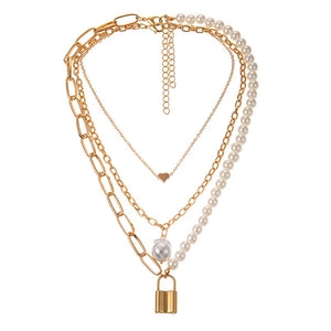 Fashion 2 Layers Pearls Geometric Pendants Necklaces For Women Gold Metal Snake Chain Necklace New Design Jewelry Gift
