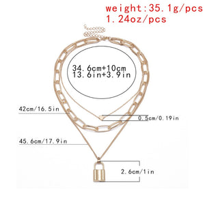 Hip Hop Multi Layers chain necklace with heart lock women/men punk rock padlock pendant necklace emo grunge Goth jewelry
