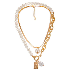 Fashion 2 Layers Pearls Geometric Pendants Necklaces For Women Gold Metal Snake Chain Necklace New Design Jewelry Gift